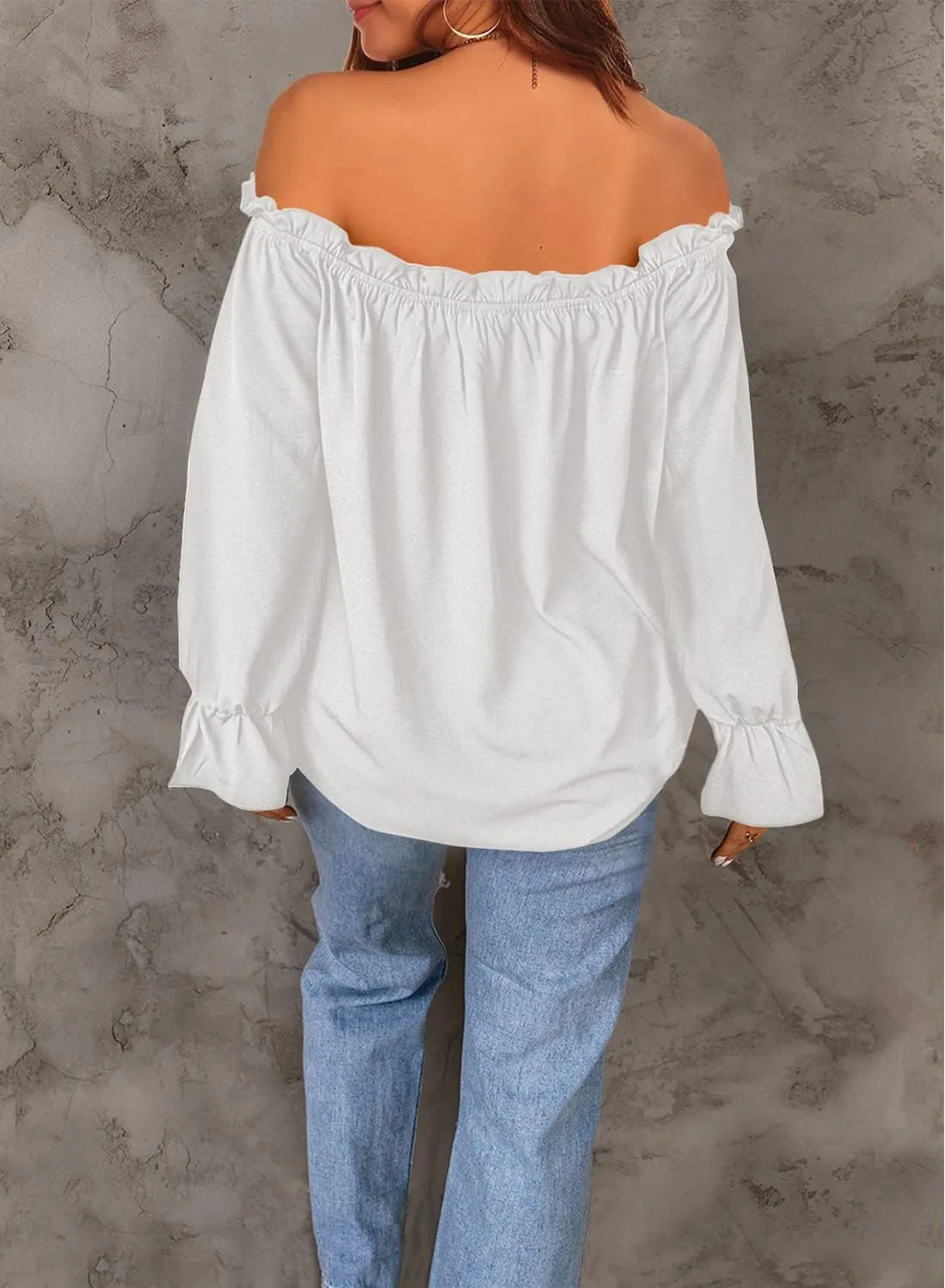 Women's Off Shoulder Top Ruffle Long Sleeve Chiffon Blouse Casual Loose Shirts