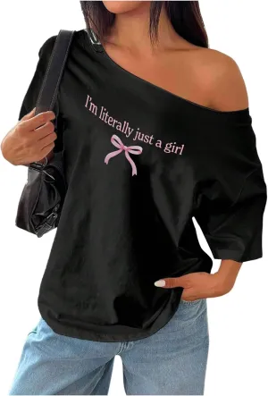 Women's Oversized Off Shoulder Graphic Tees Short Sleeve Bow Letter Print T Shirts Y2K Tops