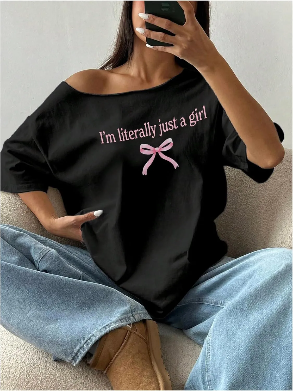 Women's Oversized Off Shoulder Graphic Tees Short Sleeve Bow Letter Print T Shirts Y2K Tops
