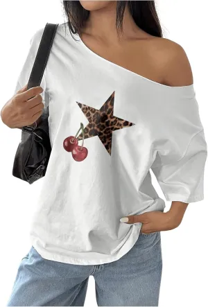 Women's Oversized Off Shoulder Graphic Tees Short Sleeve Bow Letter Print T Shirts Y2K Tops