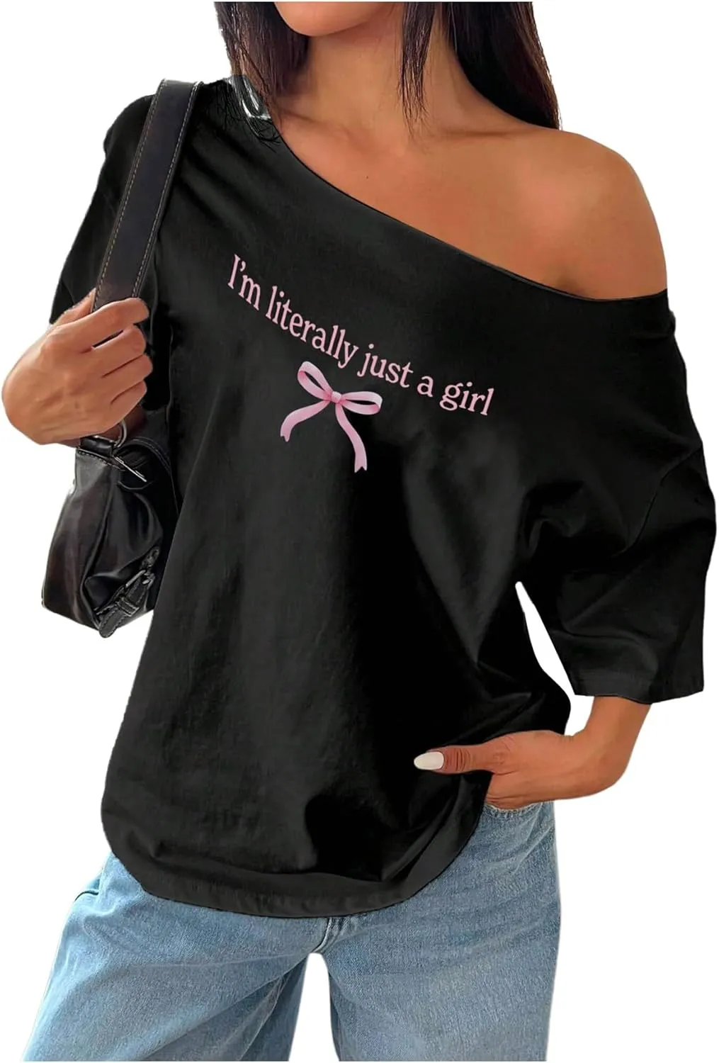 Women's Oversized Off Shoulder Graphic Tees Short Sleeve Bow Letter Print T Shirts Y2K Tops