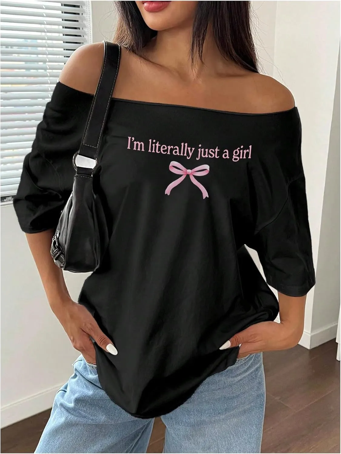 Women's Oversized Off Shoulder Graphic Tees Short Sleeve Bow Letter Print T Shirts Y2K Tops