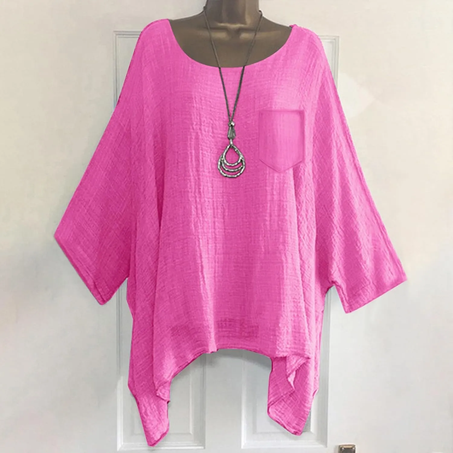 Womens Plus Size Cotton Linen Shirts Elegant 3/4 Sleeve Round Neck Summer Cape Blouses Casual Loose Fit Tunic Tops