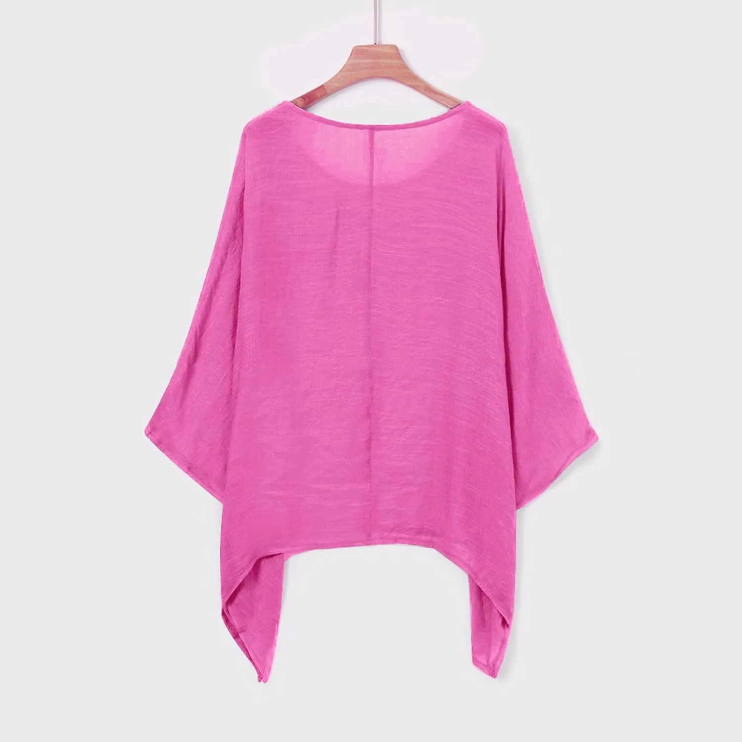 Womens Plus Size Cotton Linen Shirts Elegant 3/4 Sleeve Round Neck Summer Cape Blouses Casual Loose Fit Tunic Tops