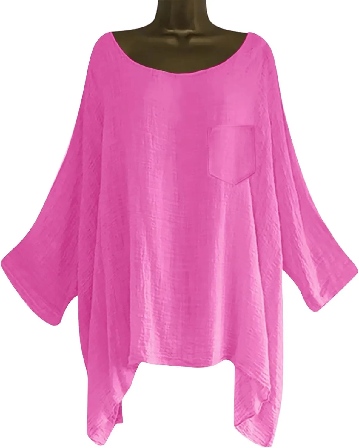 Womens Plus Size Cotton Linen Shirts Elegant 3/4 Sleeve Round Neck Summer Cape Blouses Casual Loose Fit Tunic Tops