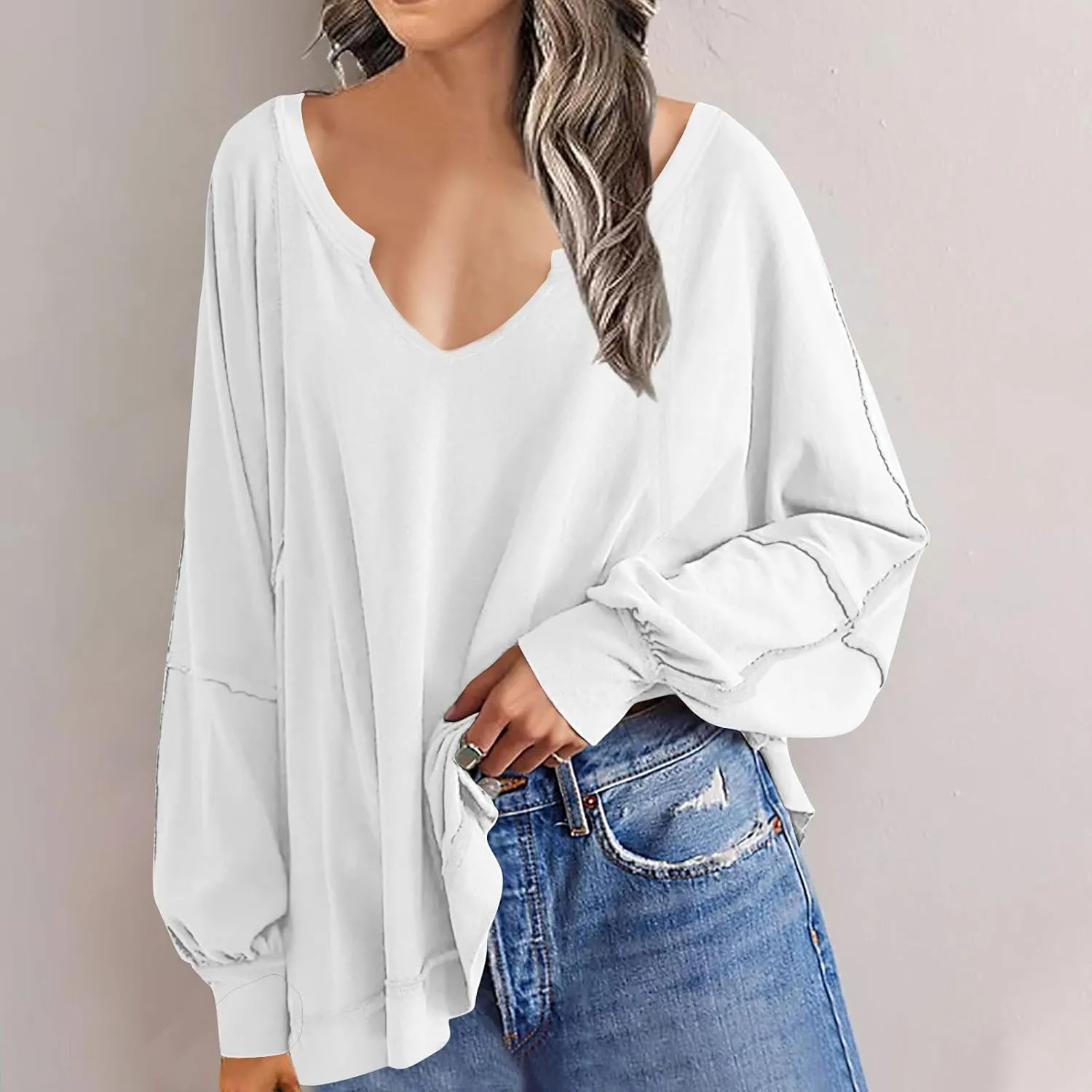 Womens Plus Size Tops Elegant Sexy Long Sleeve V Neck Causal Shirts Fashion Solid Asymmetrical Hem Blouse Spring Tops