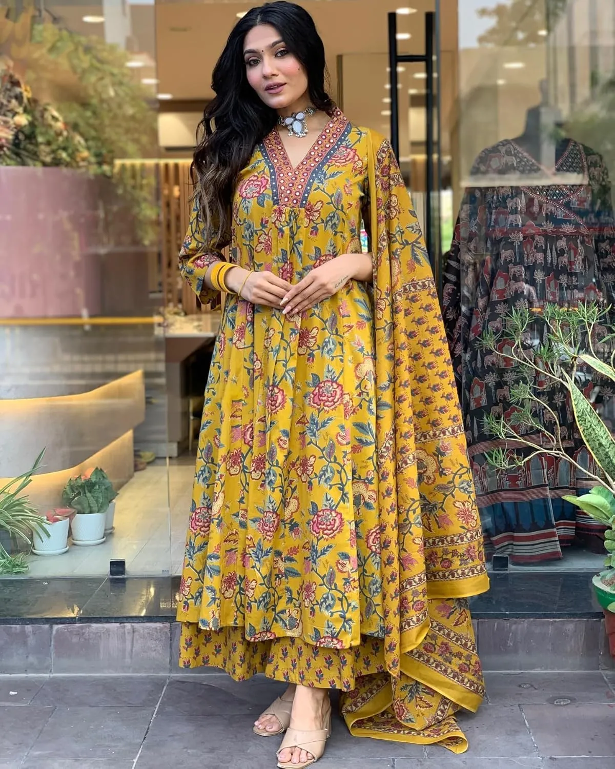 Womens Rayon Blend Anarkali Printed Kurta with Palazzo & Dupatta