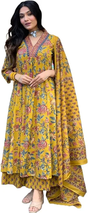 Womens Rayon Blend Anarkali Printed Kurta with Palazzo & Dupatta