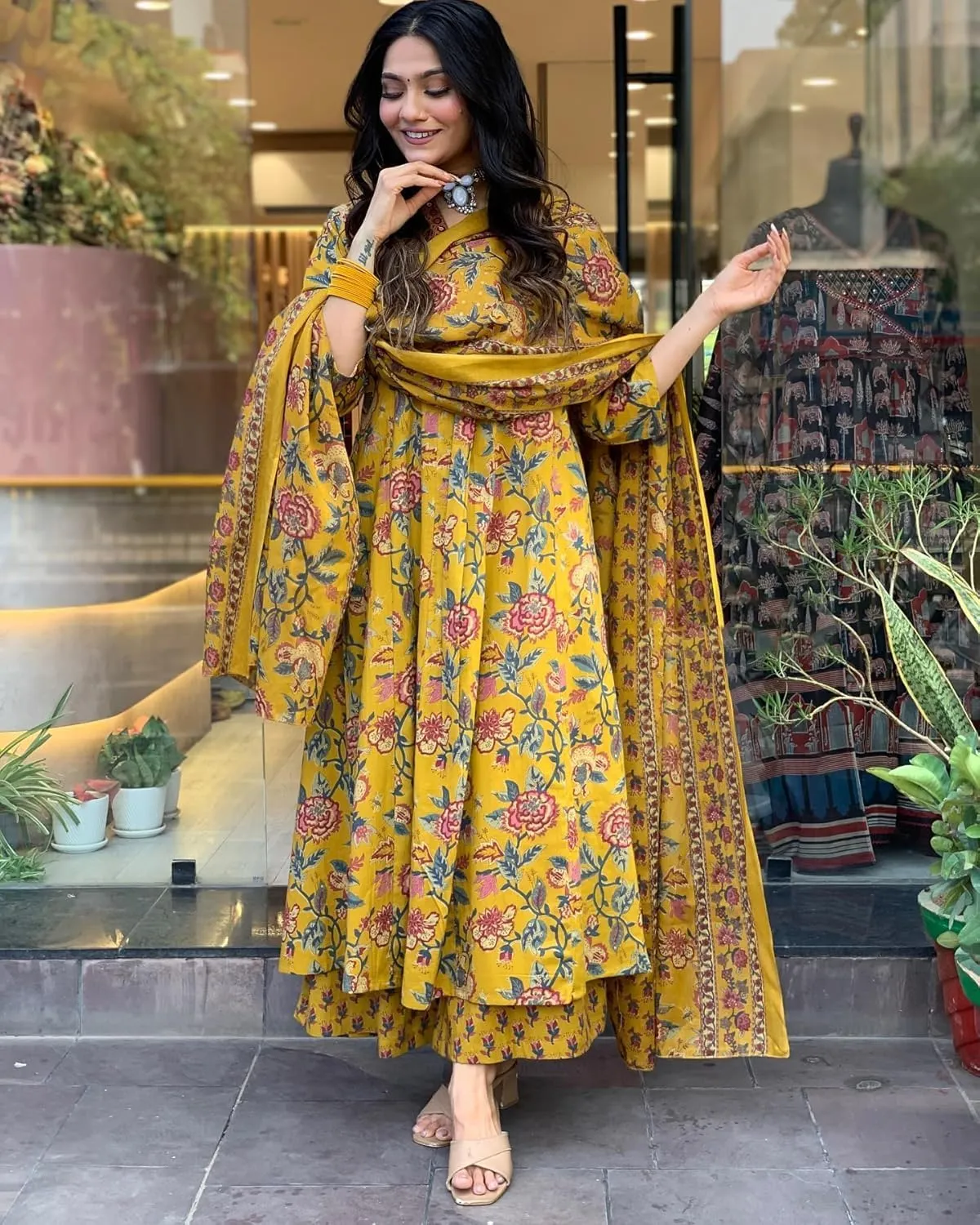 Womens Rayon Blend Anarkali Printed Kurta with Palazzo & Dupatta