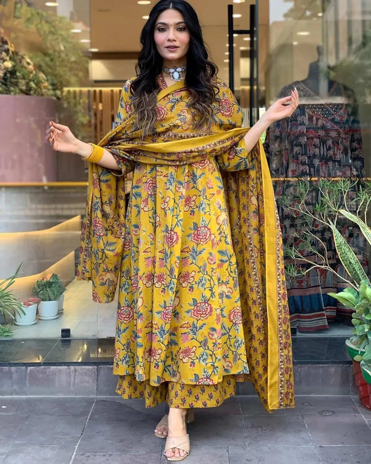 Womens Rayon Blend Anarkali Printed Kurta with Palazzo & Dupatta