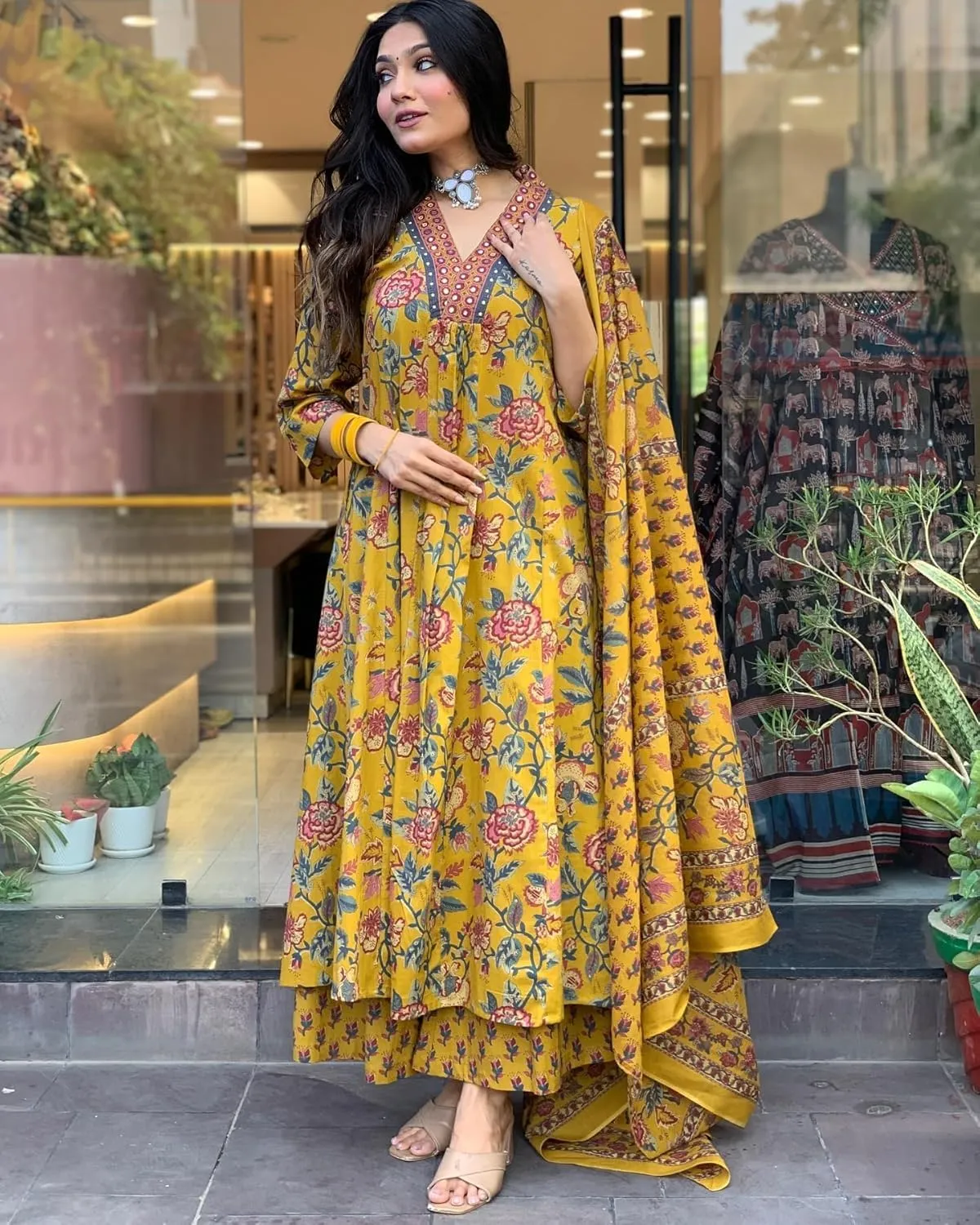 Womens Rayon Blend Anarkali Printed Kurta with Palazzo & Dupatta