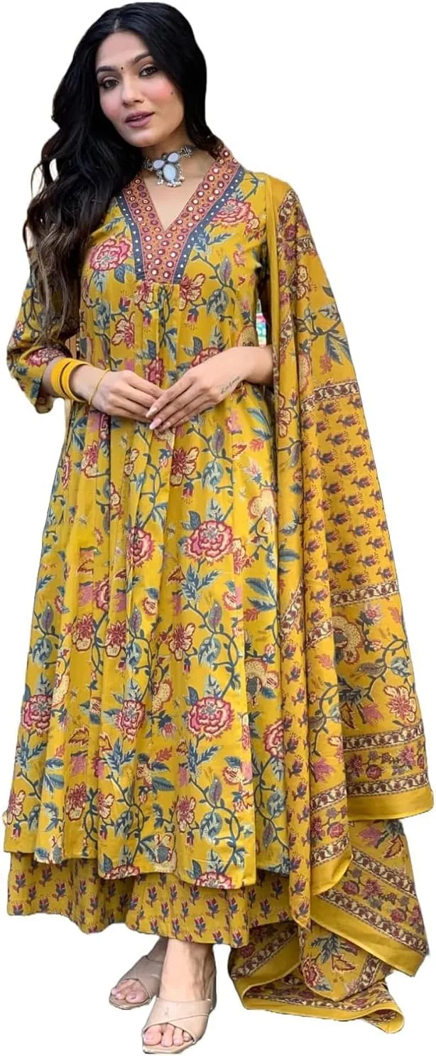 Womens Rayon Blend Anarkali Printed Kurta with Palazzo & Dupatta