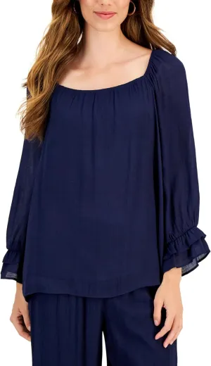 Womens Ruffled-Cuff Square-Neck Top Intrepid Blue XL