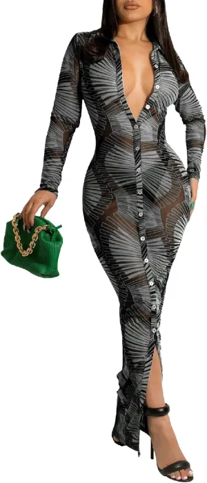 Womens Sexy Sheer Mesh Stretchy Printed Maxi Dresses Button Down Swimwear Cover Ups