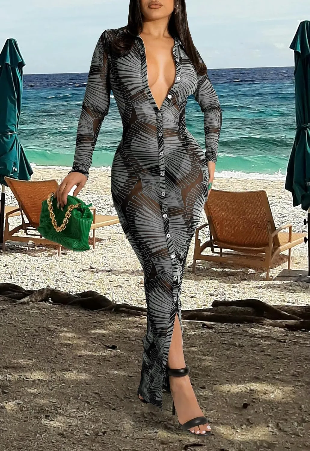 Womens Sexy Sheer Mesh Stretchy Printed Maxi Dresses Button Down Swimwear Cover Ups