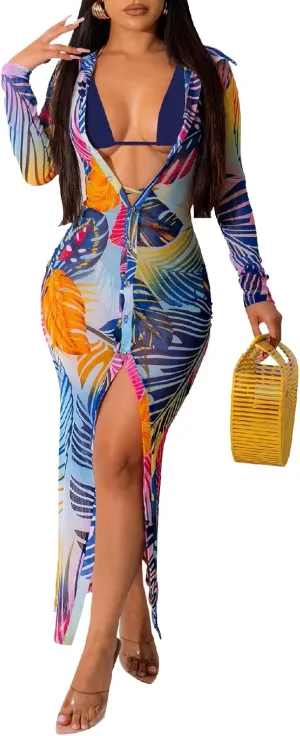 Womens Sexy Sheer Mesh Stretchy Printed Maxi Dresses Button Down Swimwear Cover Ups