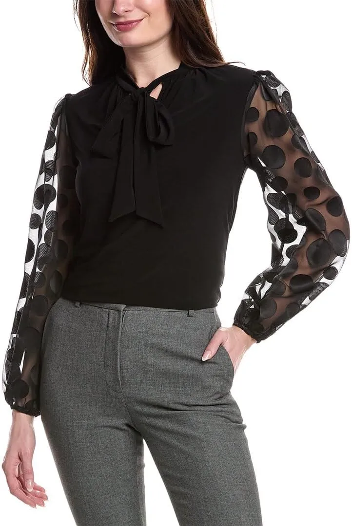 Women's Silky Knit Top with Dot Burnout Sleeves