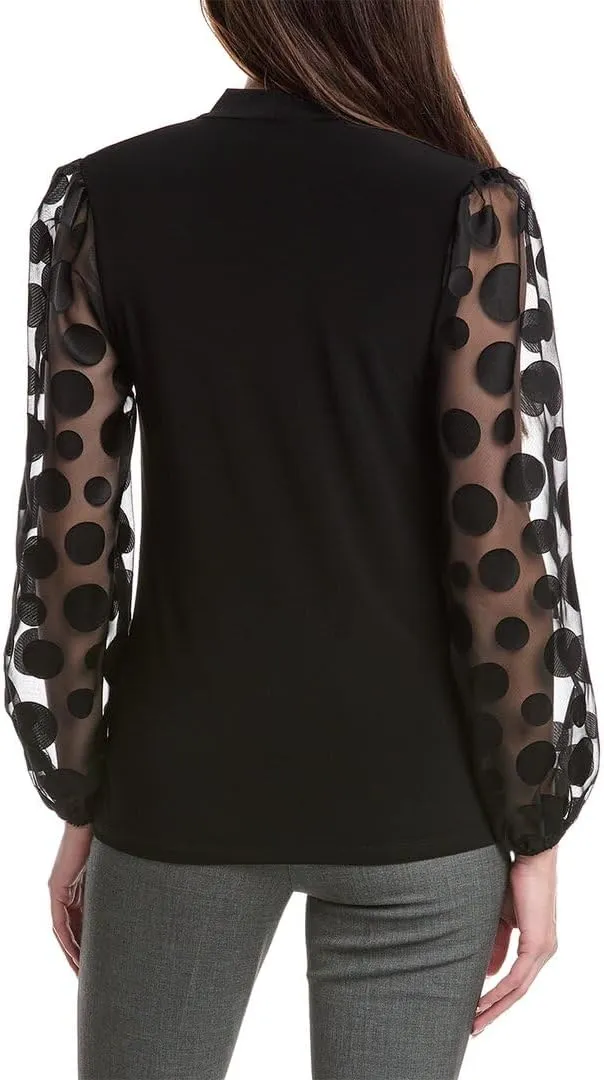 Women's Silky Knit Top with Dot Burnout Sleeves
