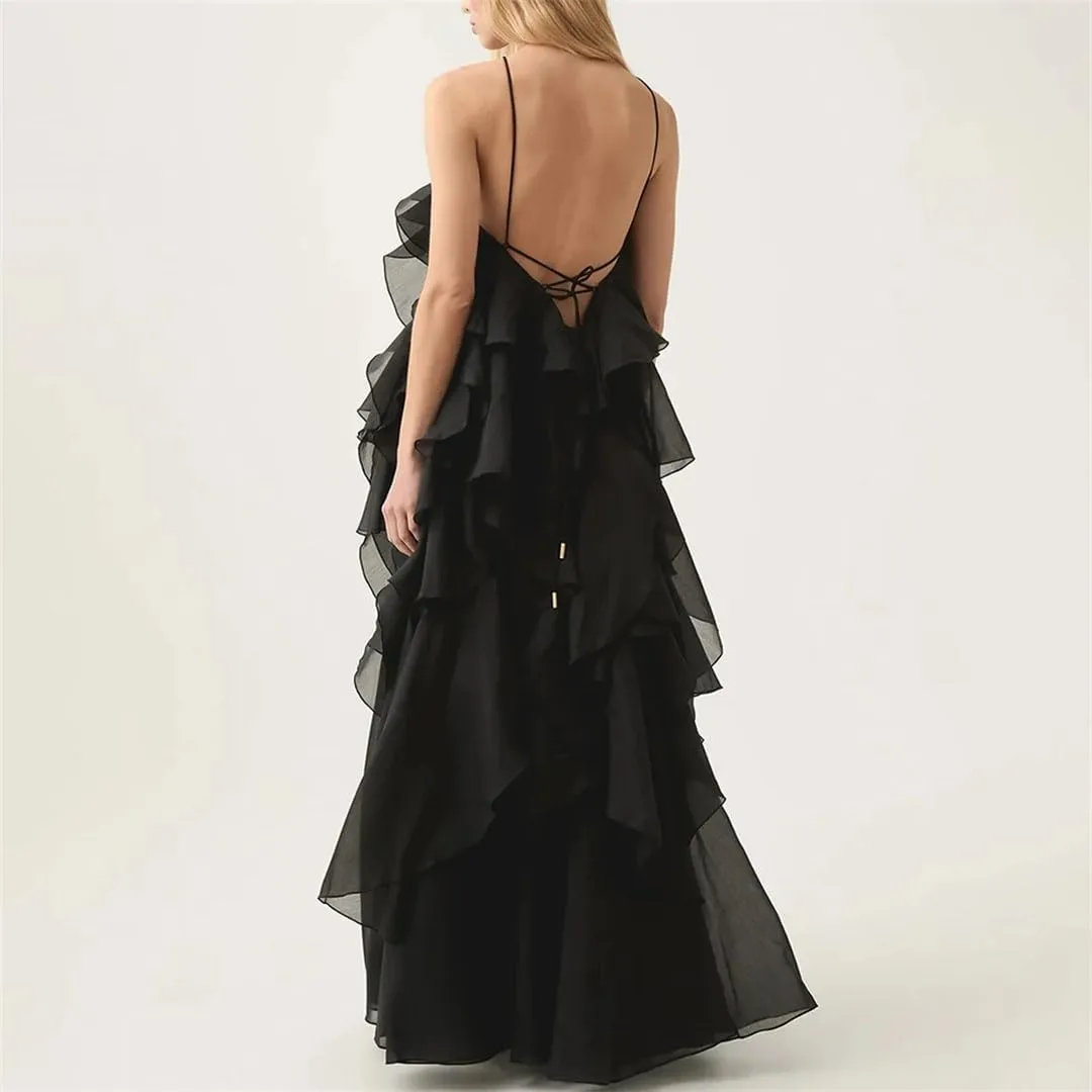 Women's Slim Fit Sexy Elegant Dress Sleeveless Camisole Spliced ​​Ruffle High Waist Dress
