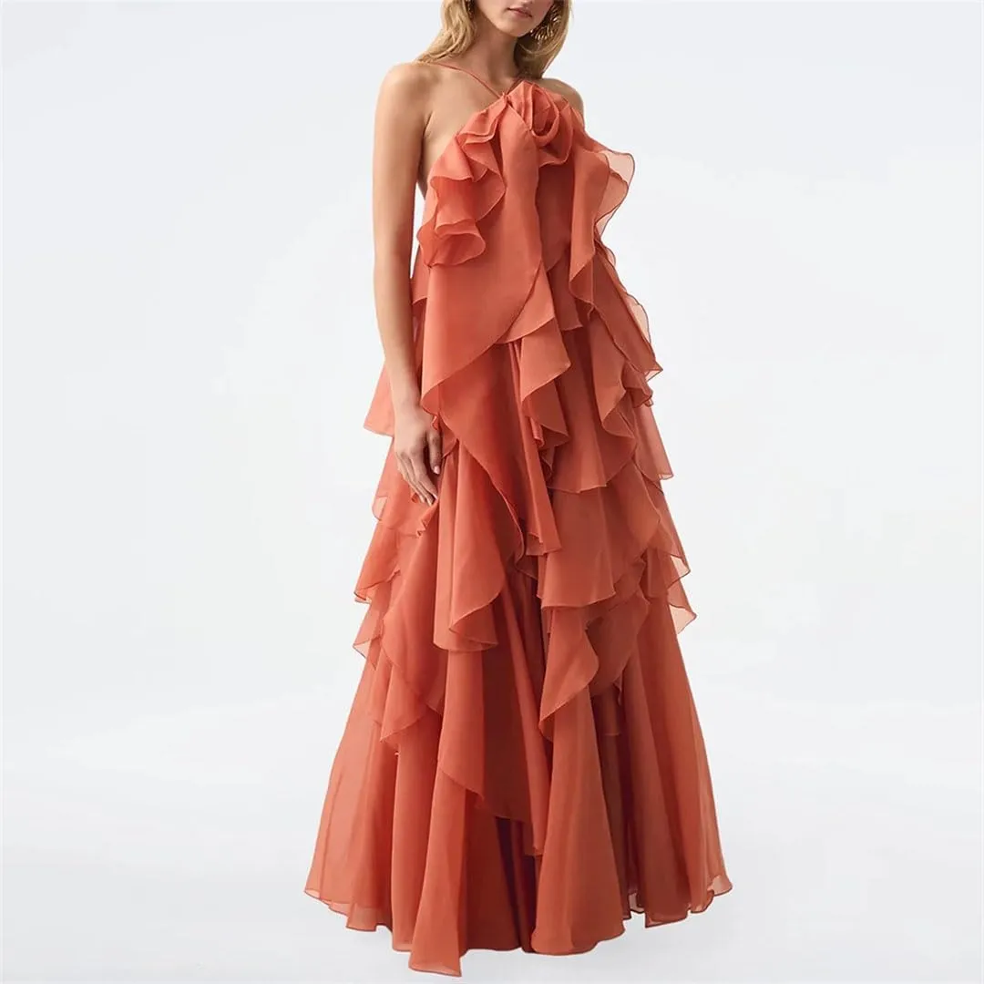 Women's Slim Fit Sexy Elegant Dress Sleeveless Camisole Spliced ​​Ruffle High Waist Dress