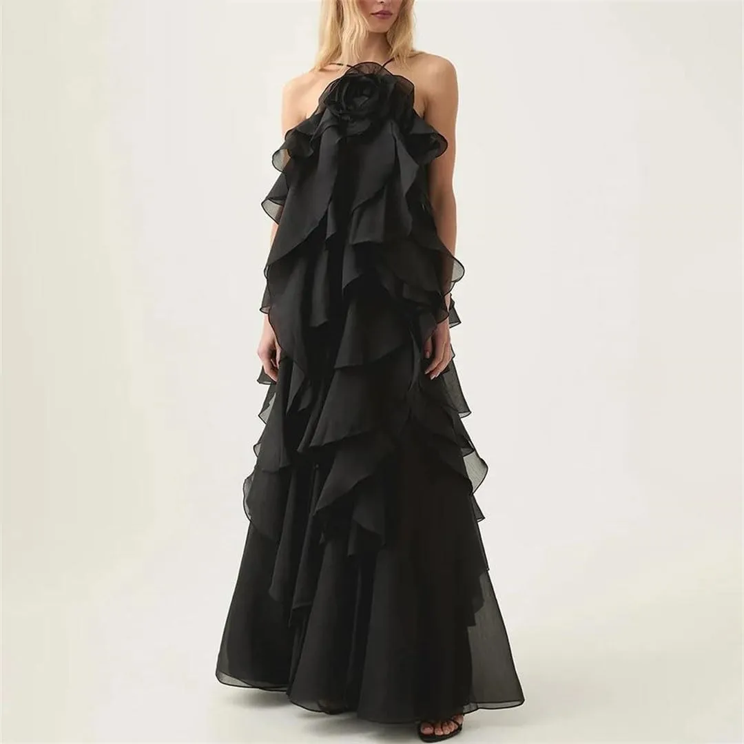 Women's Slim Fit Sexy Elegant Dress Sleeveless Camisole Spliced ​​Ruffle High Waist Dress