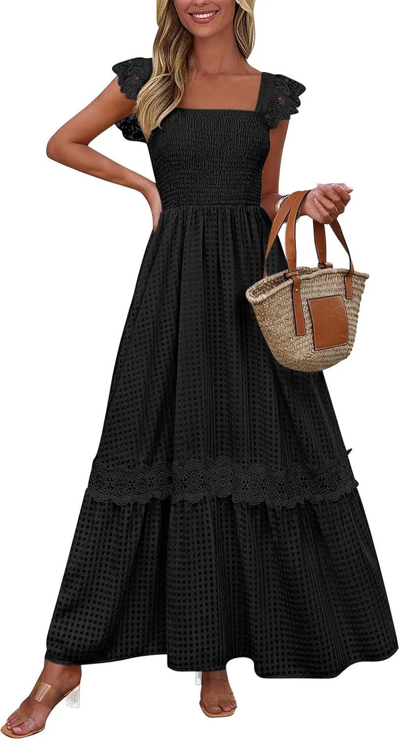 Women's Smocked Summer Maxi Dresses 2025 Ruffle Sleeveless Square Neck Lace Detail Flowy Long Sundress