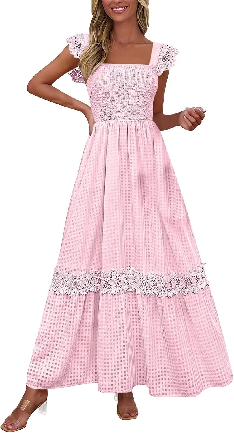 Women's Smocked Summer Maxi Dresses 2025 Ruffle Sleeveless Square Neck Lace Detail Flowy Long Sundress