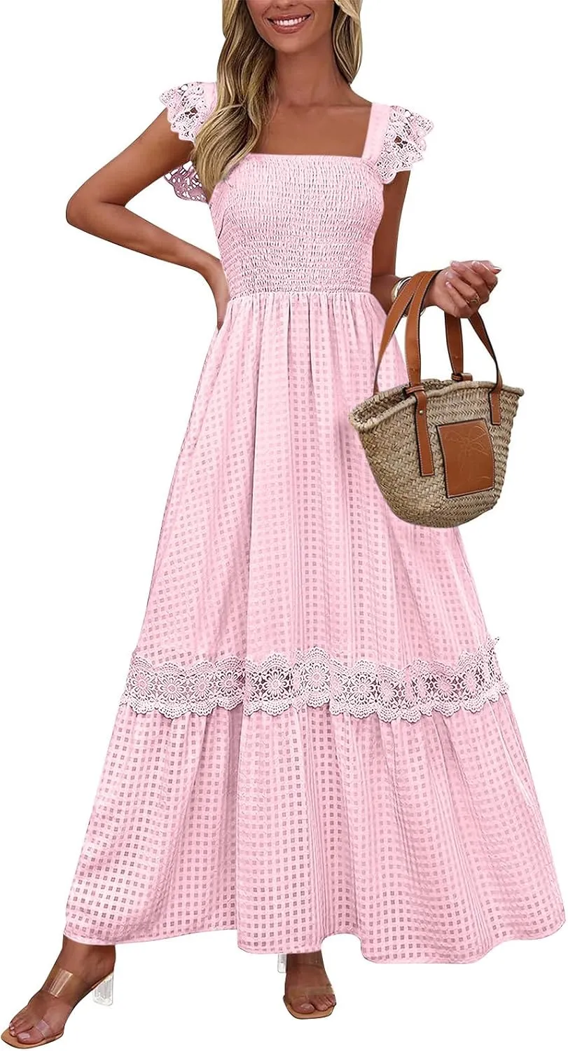 Women's Smocked Summer Maxi Dresses 2025 Ruffle Sleeveless Square Neck Lace Detail Flowy Long Sundress