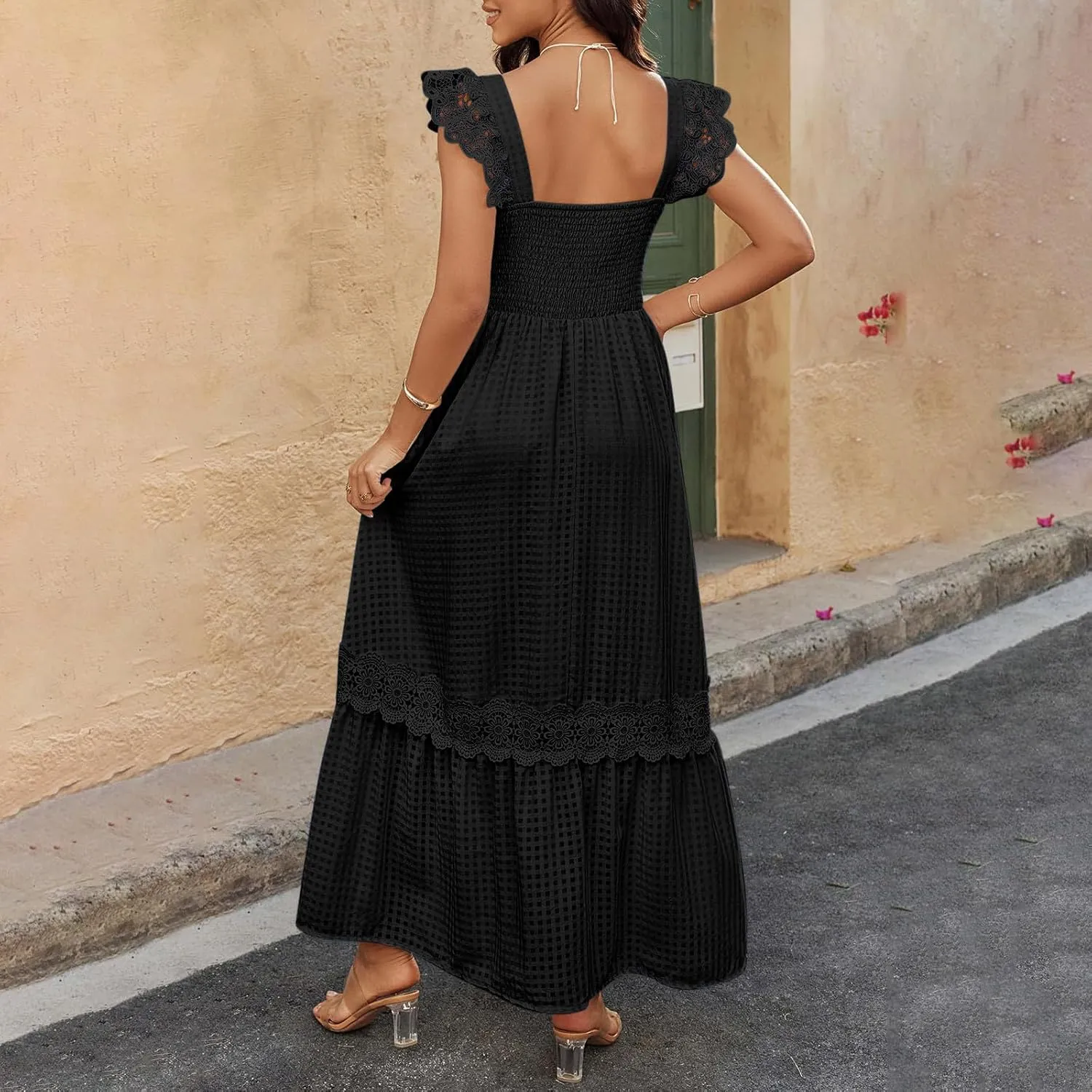 Women's Smocked Summer Maxi Dresses 2025 Ruffle Sleeveless Square Neck Lace Detail Flowy Long Sundress