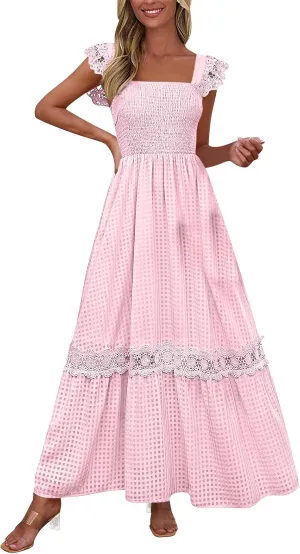 Women's Smocked Summer Maxi Dresses 2025 Ruffle Sleeveless Square Neck Lace Detail Flowy Long Sundress