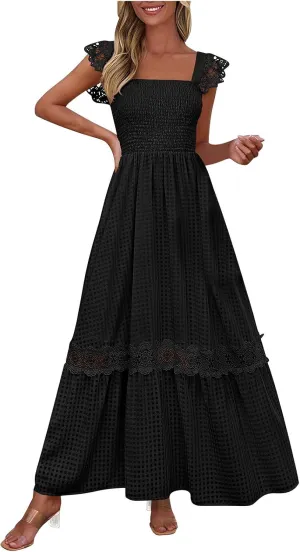 Women's Smocked Summer Maxi Dresses 2025 Ruffle Sleeveless Square Neck Lace Detail Flowy Long Sundress