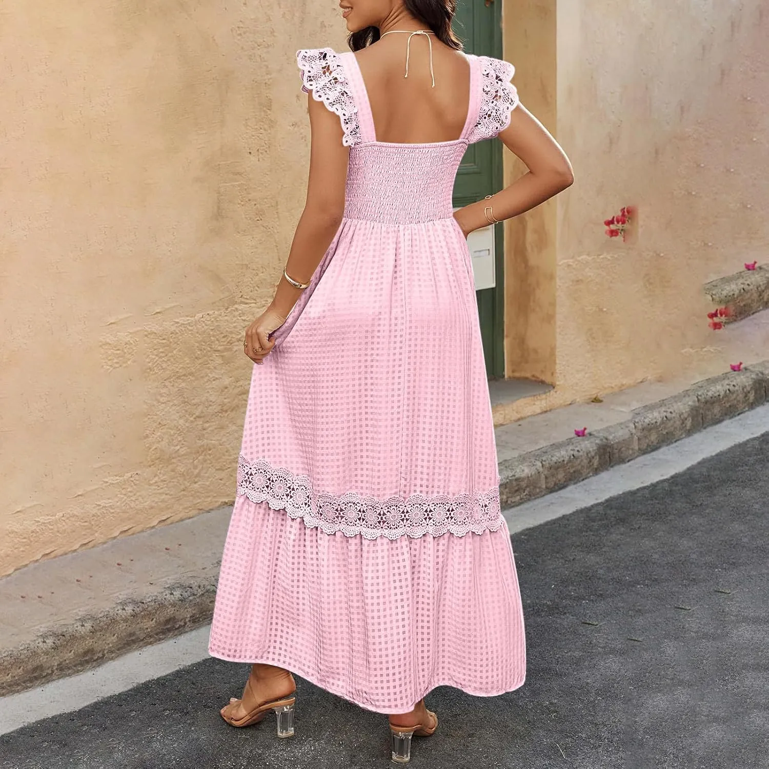 Women's Smocked Summer Maxi Dresses 2025 Ruffle Sleeveless Square Neck Lace Detail Flowy Long Sundress