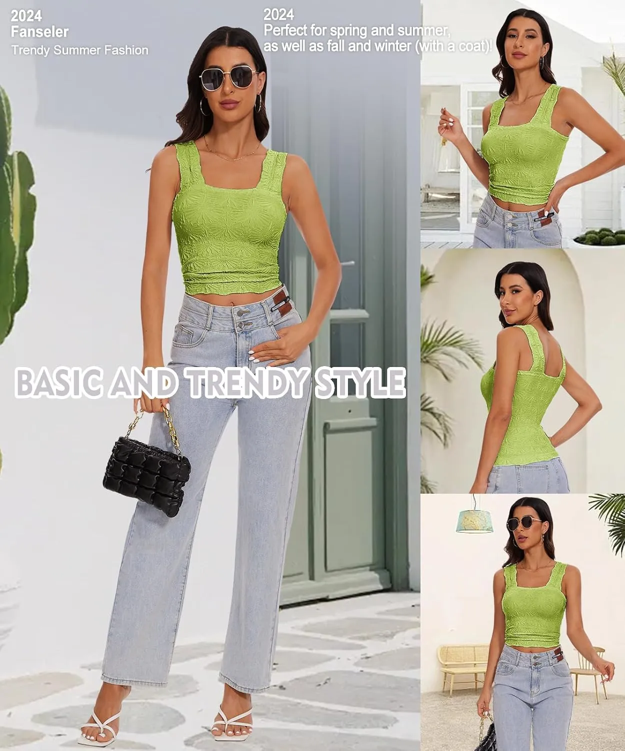 Women’s Square Neck Wide Strap Flower Cropped Tank Top Backless Lettuce Trim Slim Fit Love Letter Cami Vest