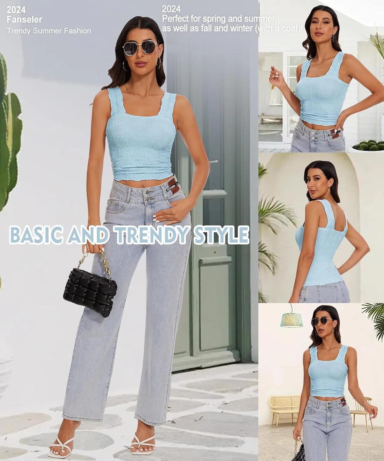 Women’s Square Neck Wide Strap Flower Cropped Tank Top Backless Lettuce Trim Slim Fit Love Letter Cami Vest