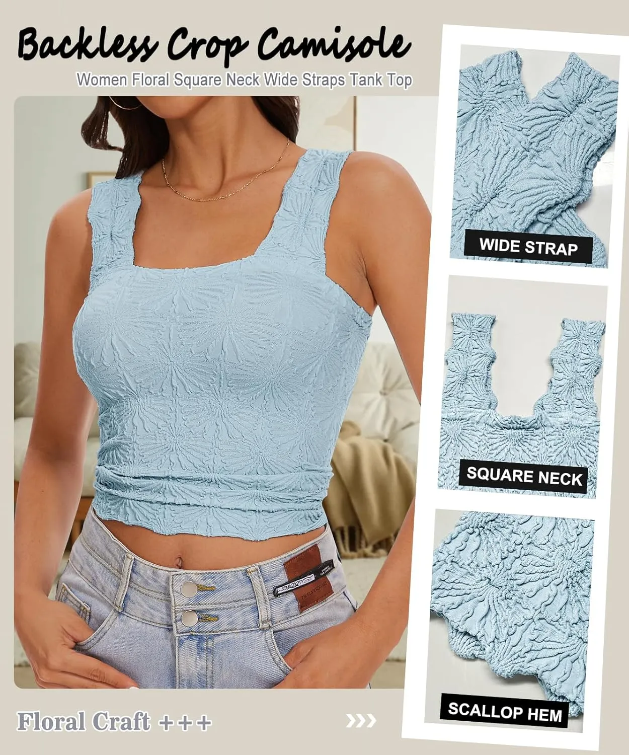 Women’s Square Neck Wide Strap Flower Cropped Tank Top Backless Lettuce Trim Slim Fit Love Letter Cami Vest