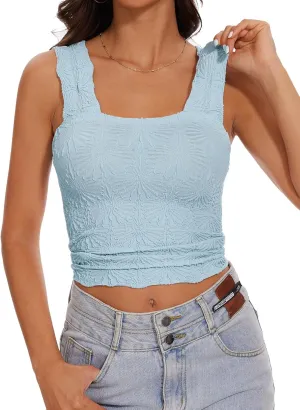 Women’s Square Neck Wide Strap Flower Cropped Tank Top Backless Lettuce Trim Slim Fit Love Letter Cami Vest