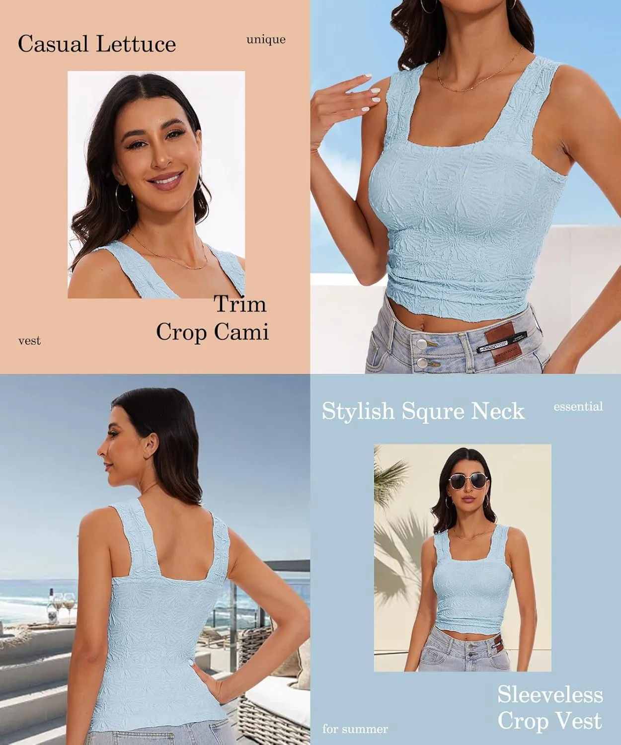 Women’s Square Neck Wide Strap Flower Cropped Tank Top Backless Lettuce Trim Slim Fit Love Letter Cami Vest