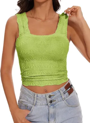 Women’s Square Neck Wide Strap Flower Cropped Tank Top Backless Lettuce Trim Slim Fit Love Letter Cami Vest