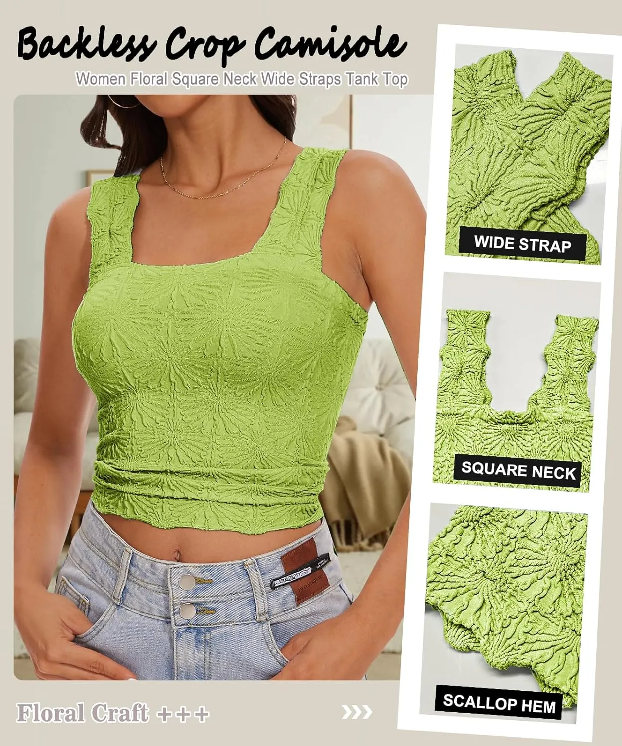 Women’s Square Neck Wide Strap Flower Cropped Tank Top Backless Lettuce Trim Slim Fit Love Letter Cami Vest