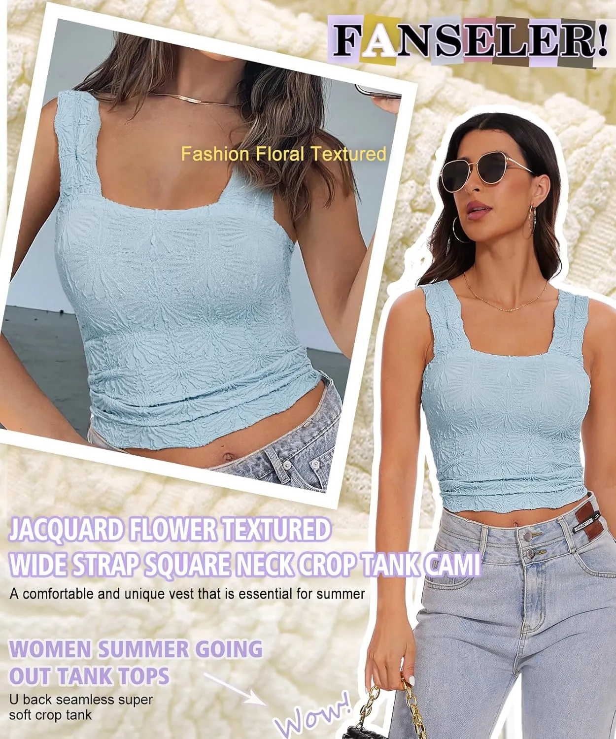 Women’s Square Neck Wide Strap Flower Cropped Tank Top Backless Lettuce Trim Slim Fit Love Letter Cami Vest