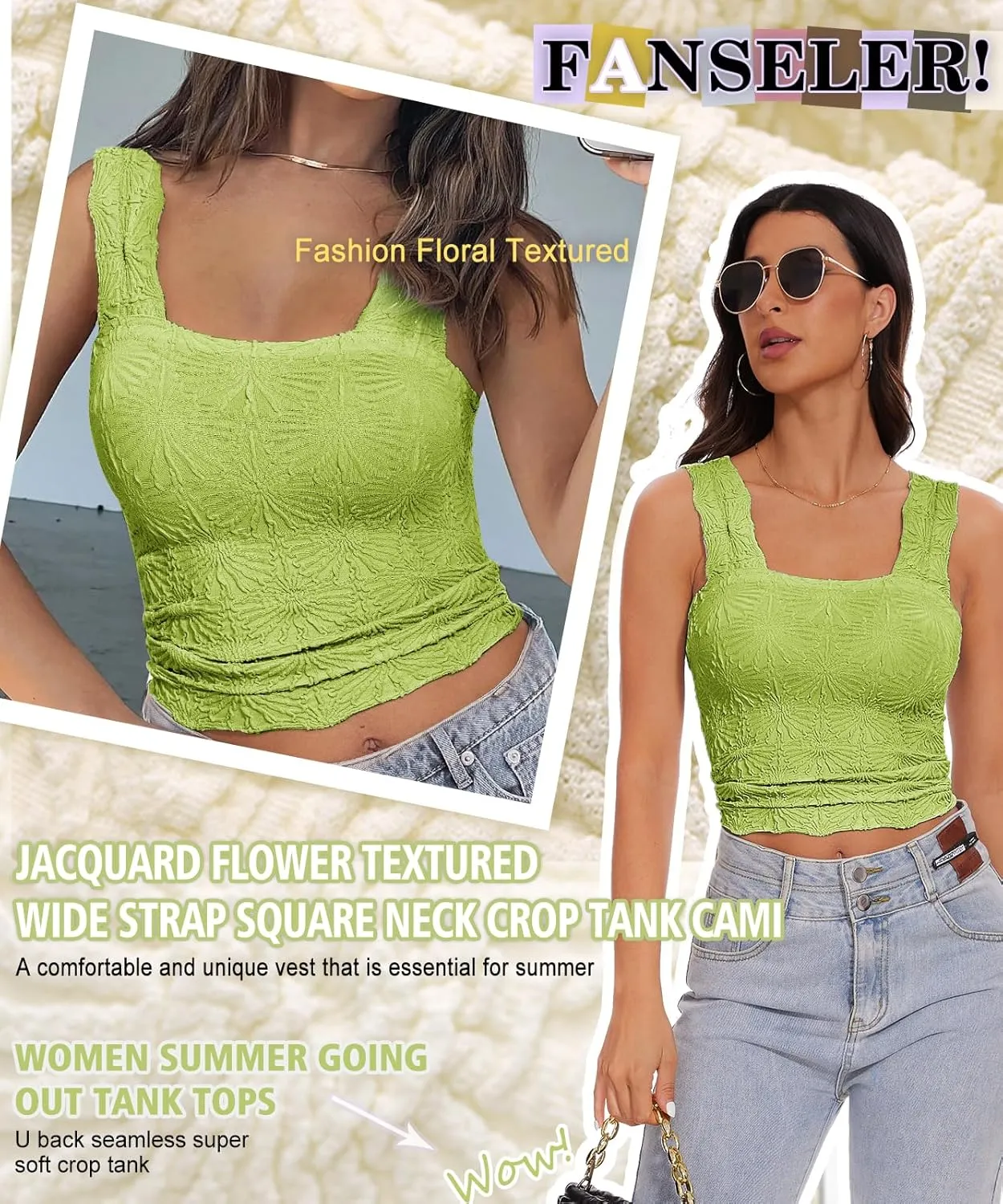 Women’s Square Neck Wide Strap Flower Cropped Tank Top Backless Lettuce Trim Slim Fit Love Letter Cami Vest