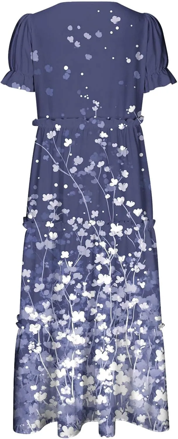 Women's Summer Bohemian Floral Dress Casual Puff Short Sleeve Maxi Dress Flowy Loose Boho Beach Swing Tiered Dresses