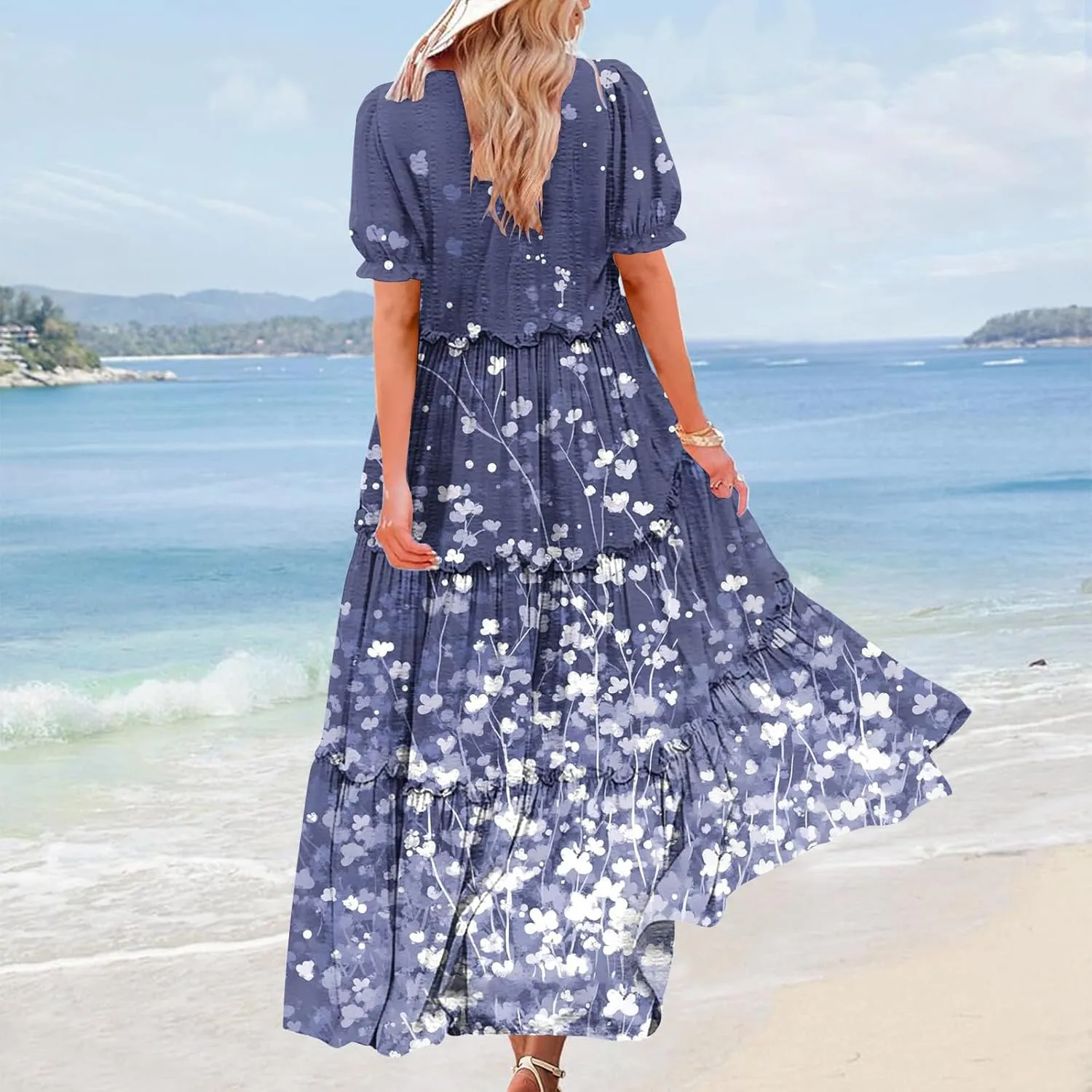 Women's Summer Bohemian Floral Dress Casual Puff Short Sleeve Maxi Dress Flowy Loose Boho Beach Swing Tiered Dresses