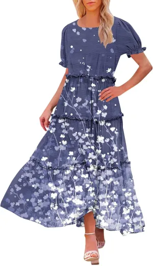 Women's Summer Bohemian Floral Dress Casual Puff Short Sleeve Maxi Dress Flowy Loose Boho Beach Swing Tiered Dresses
