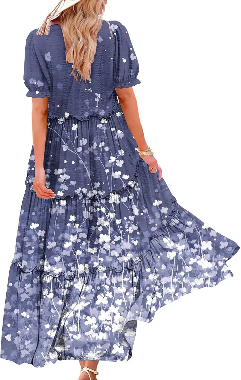 Women's Summer Bohemian Floral Dress Casual Puff Short Sleeve Maxi Dress Flowy Loose Boho Beach Swing Tiered Dresses