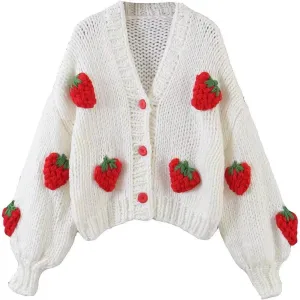 Women's Sweet Japanese Strawberry Embroidered Knit Cardigan Top Korean Retro Elegant Cute Kawaii Coat