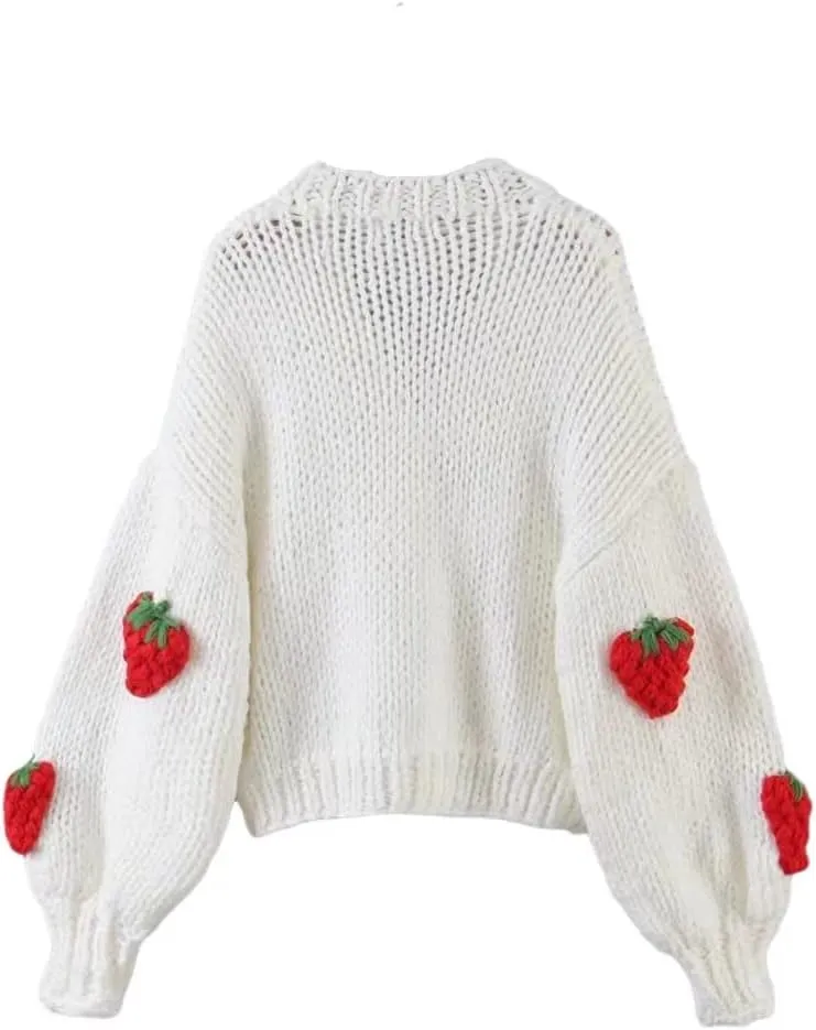 Women's Sweet Japanese Strawberry Embroidered Knit Cardigan Top Korean Retro Elegant Cute Kawaii Coat