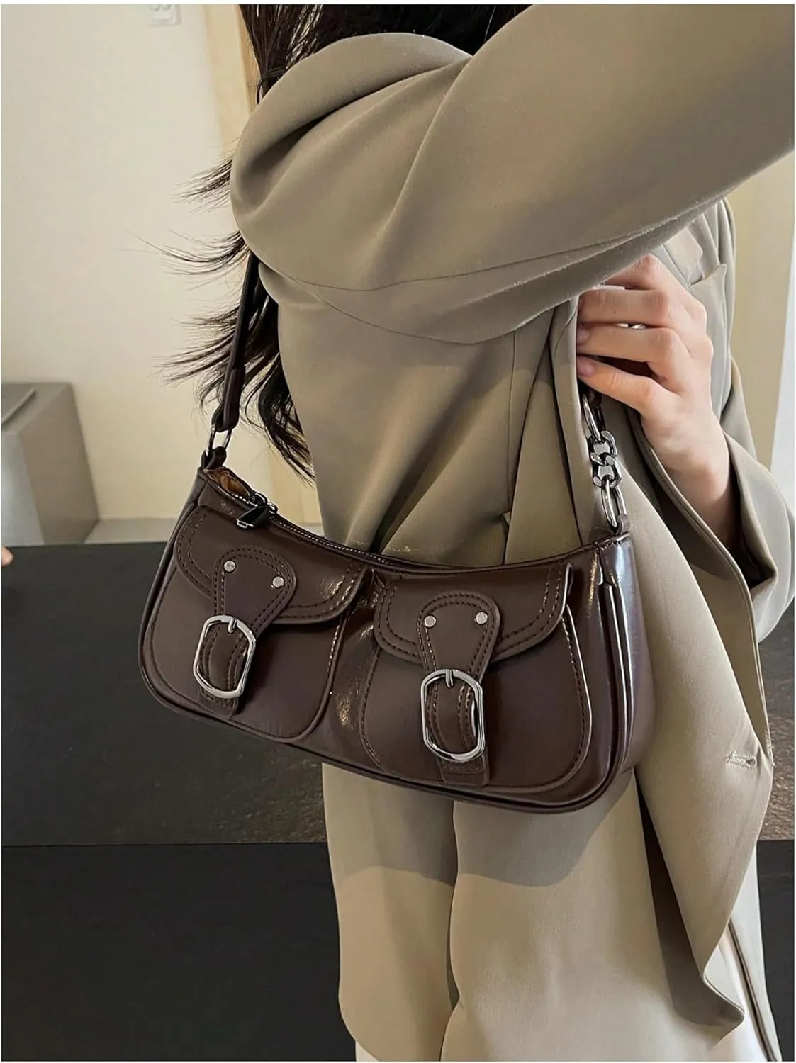 Women's Vintage Double Pockets PU Leather Shoulder Bag Zipper Underarm Bags Y2K Clutch Purses