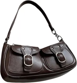 Women's Vintage Double Pockets PU Leather Shoulder Bag Zipper Underarm Bags Y2K Clutch Purses