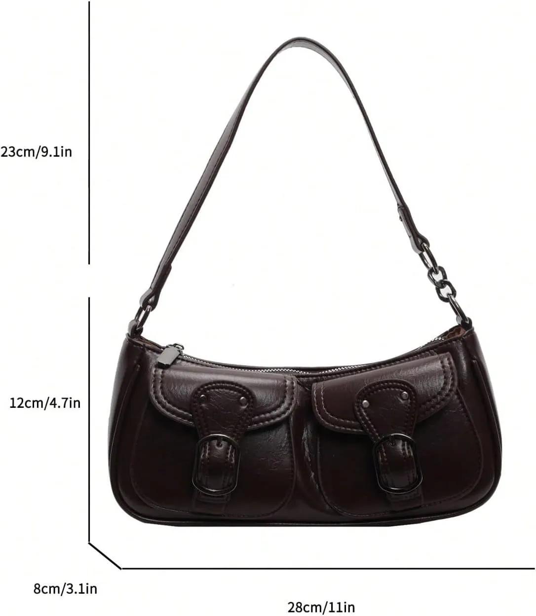 Women's Vintage Double Pockets PU Leather Shoulder Bag Zipper Underarm Bags Y2K Clutch Purses